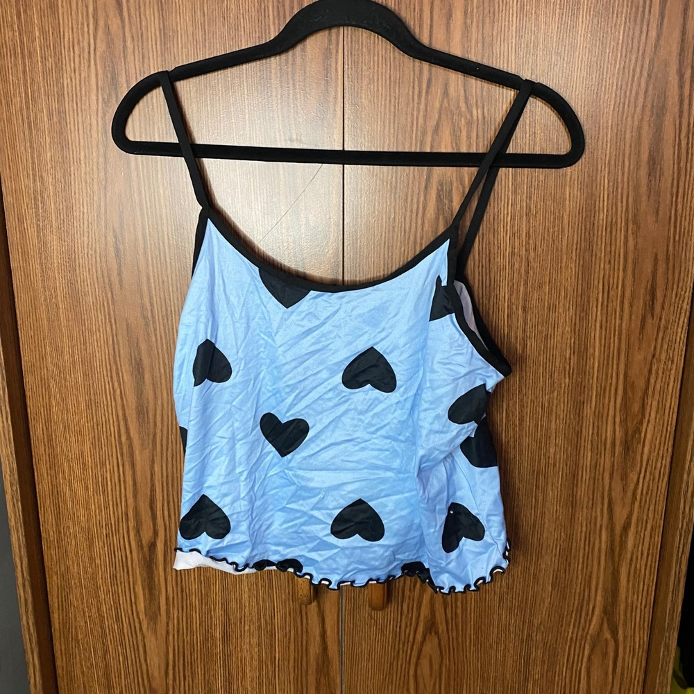 2 Piece Set Cami Top & Shorts Women XL Blue Heart Print Lettuce Trim Cropped